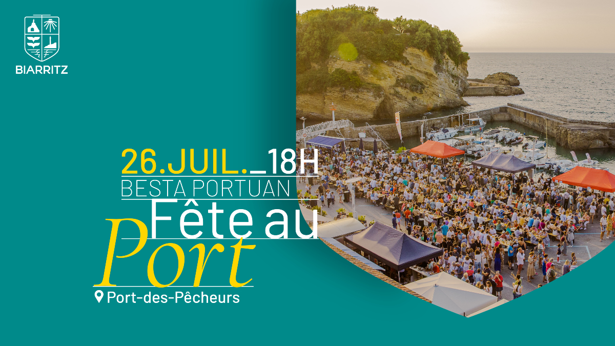 Affiche de la fête du port, vue aérienne des stands sur le port.